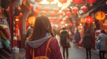 Obraz premium A Young Woman Walks Through a Bustling Street Market in China