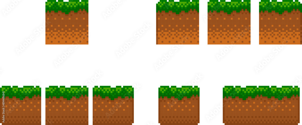 Poster pixel art tile set for 2d retro video-game. a set of ground tiles with grass for platformer for loca