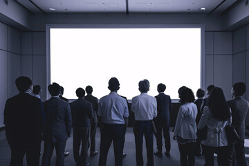 A group of people facing a large bright screen with their backs turned in a modern exhibition or presentation setting
