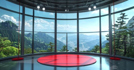 Stylish virtual studio TV show background, suitable for live events or TV news shows. 3D rendered backdrop for VR tracking systems, with green screen.