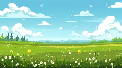 Landscape of summer fields, green grass, a blue sky with clouds, flat style cartoon illustration. 