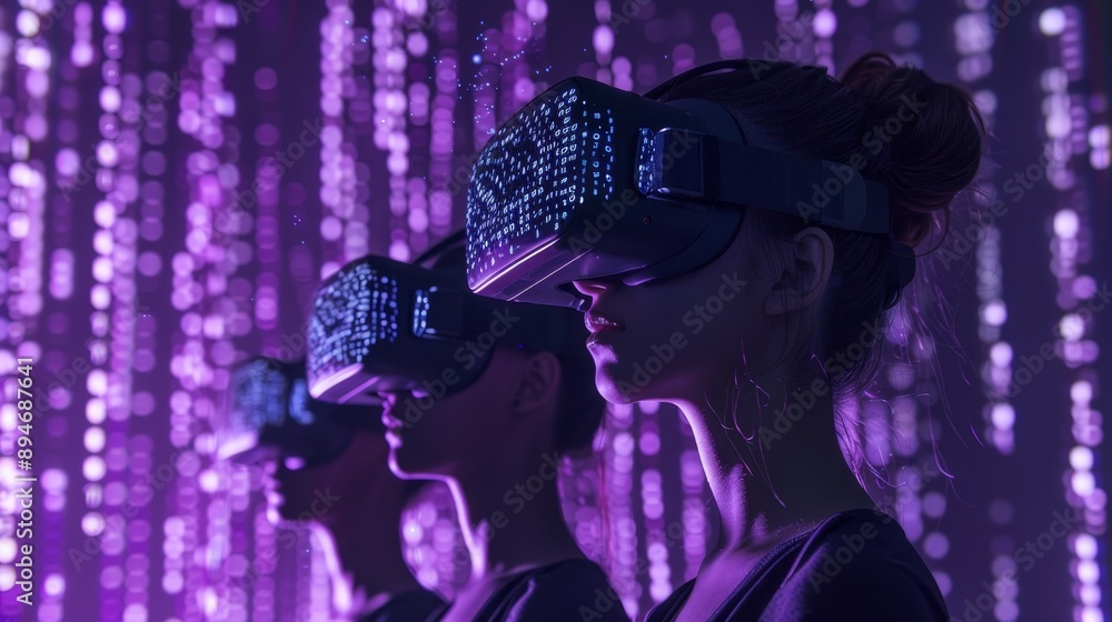 Poster having fun playing a virtual reality game in the metaverse, teens with vr headsets playing a game ba