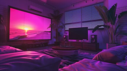 animated virtual backgrounds, stream overlay loop, cozy lo-fi living room purple sunset, vtuber asset twitch zoom OBS screen, anime chill luxury interior