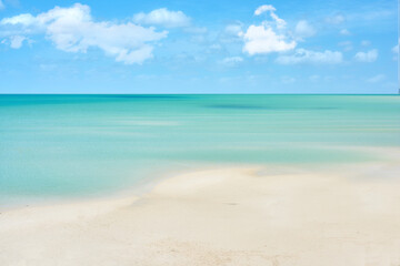 Beach, sky and outdoor with horizon, clouds and nature with seascape for vacation, summer and tropical island. Ocean, water and landscape for waves, paradise and environment at Lanikai, Hawaii