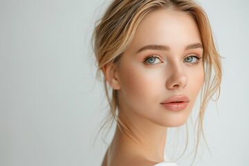 Fototapeta premium beautiful female caucasian face, cosmetology concept, blonde model with natural skin and clean face