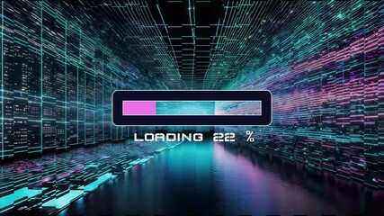Animation of loading bar and 100 percentage counter on abstract futuristic cosmic background with big data concept dark blue orange colors, fast moving binary compute data, high speed motion art