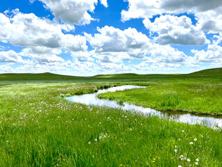 A silver creek winds through native prairie pasture in rural North Dakota