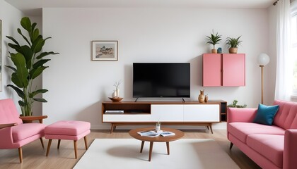 Mid-Century Modern living room featuring a wooden TV cabinet and a white wall-mounted unit.