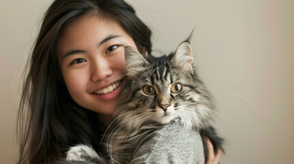 A woman holding a fluffy gray cat, both looking at the camera with a smile, depicting a moment of joy and companionship.