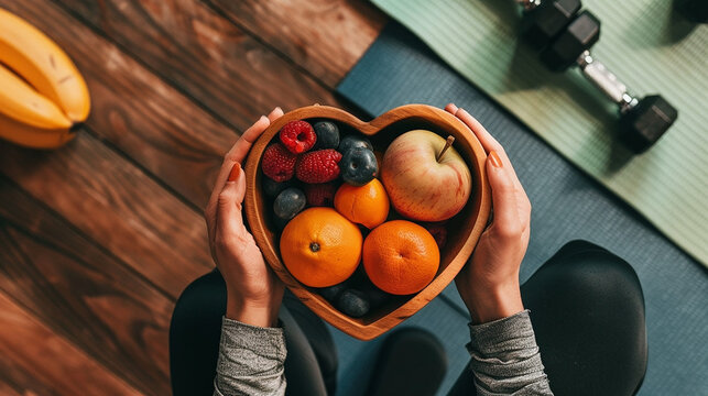 A bowl of assorted fresh fruits including oranges, berries, and apples, held in hands, symbolizing health, nutrition, and a balanced diet, set against a wooden background.