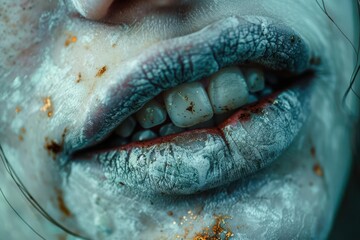 Obraz premium A close-up of a textured and eerie mouth, showcasing a blend of skin tones and intricate detail, perfect for artistic expression.