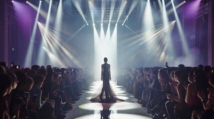 Runway model walking down the catwalk during a fashion show, with a dramatic spotlight and audience in the background.