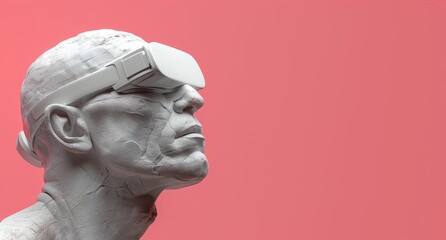 This banner features a statue black man wearing a VR headset, exploring a virtual reality world and touching virtual reality subjects.
