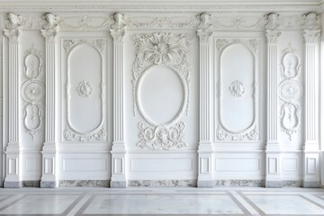 Backdrop, vintage, elegant white wall with intricate plaster carvings, against a backdrop of classic marble flooring. Wedding photography.