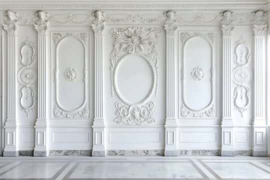 Backdrop, vintage, elegant white wall with intricate plaster carvings, against a backdrop of classic marble flooring. Wedding photography.
