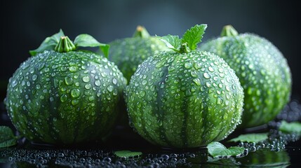 Watermelons Portrait with Glistening Water Droplets on Black Background