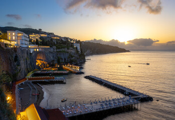 Sunset view of the bay and the town of Sorrento on the Amalfi coast, Italy