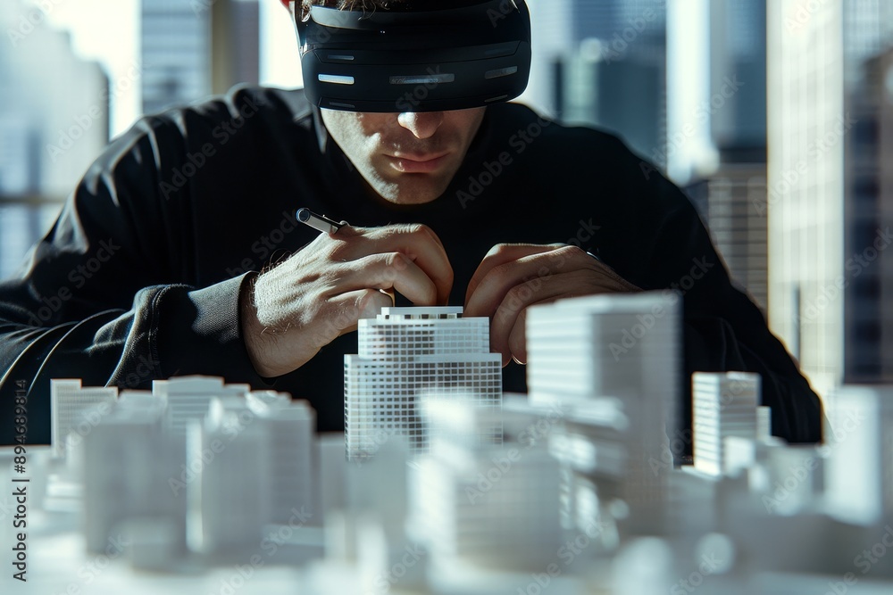 Poster model of man with virtual reality architecture, future technology and ux. vr goggles, design and eng