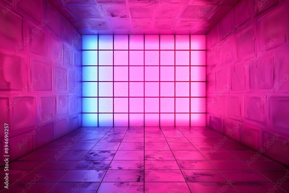 Poster an abstract geometric background is rendered inside a virtual reality, while an empty room glows wit