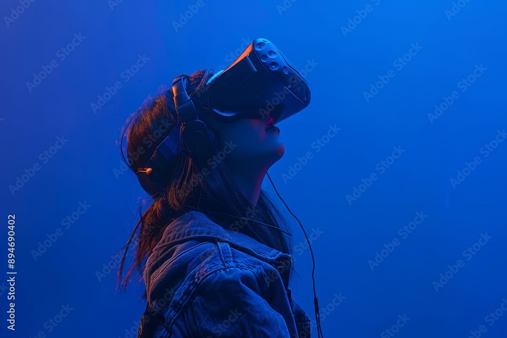 Sticker Close-up of a woman wearing a virtual reality headset and experiencing immersive digital content.