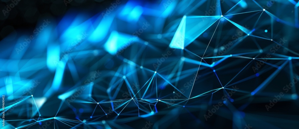 Poster an abstract 3d glowing blue wireframe structure, a virtual network, a science concept, and a visuali