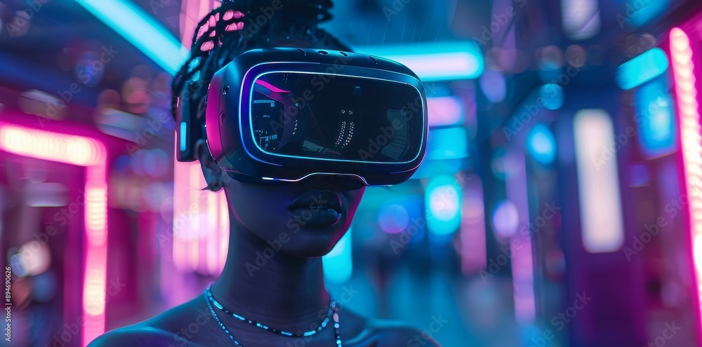Poster using vr glasses, a virtual world internet connection is represented with a new experience of the fu