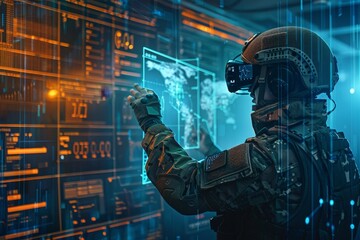 Virtual reality glasses for soldiers. Future military concept.