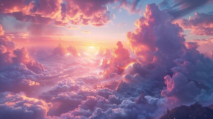A stunning sunset fills the sky with pink and orange hues, casting a warm glow over fluffy white clouds as far as the eye can see