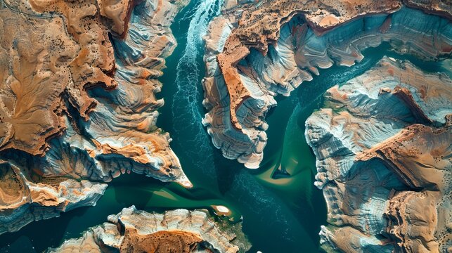 Create an aerial view photograph capturing the Colorado River, Lake Powell, and Trachyte Canyon from above. Highlight the intricate details of the river and canyon landscape, showcasing the dramatic g