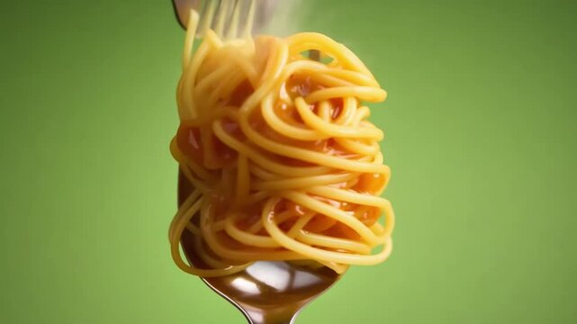 Fork-Turning Spaghetti with Sauce backdrop green screen Warm and soft lighting to create an inviting atmosphere.