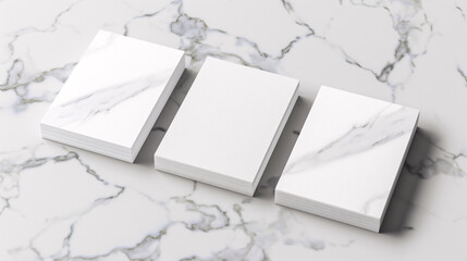 Business Card Mockups on White Marble Background: Three different business card mockups showcased in a 3D illustration, isolated on a white marble background.