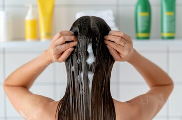 Naklejka premium Woman Washing Hair in Shower