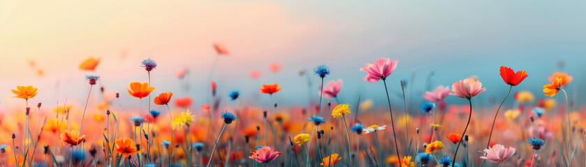 Fototapeta premium Vibrant wildflower meadow in full bloom under a colorful sunset sky, showcasing the beauty of nature and creating a serene, dreamy landscape.
