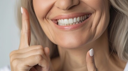 Fototapeta premium smiling old age woman pointing to corner of her mouth, copy space. Dental care. Dentistry concept.