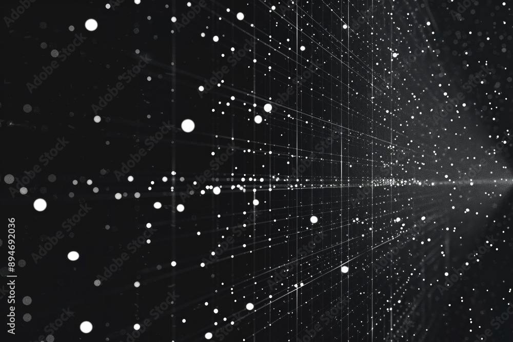 Poster Abstract black and white image of a grid-like structure with scattered dots resembling a starry night or data points in a matrix.