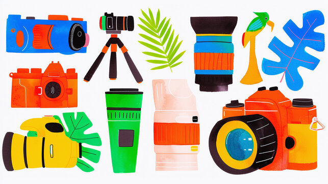 World Photography Day, watercolor illustration of variety of different cameras, lenses and photography equipment, perfect for banner - Powered by Adobe