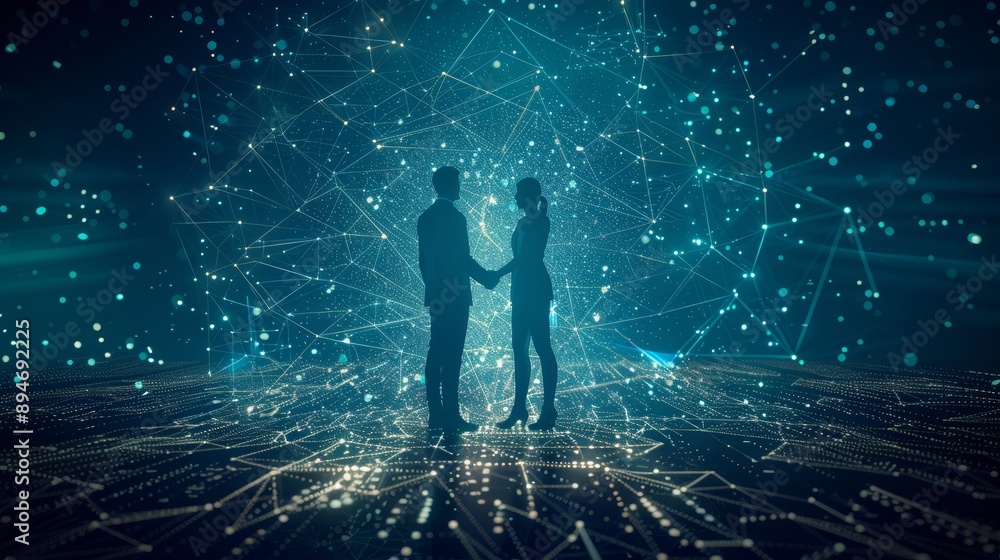 Poster handshake with wireframe design - two hands join in a handshake overlaid with a blue digital wirefra