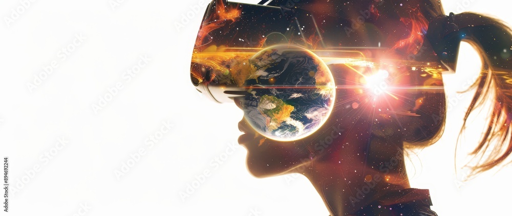Poster a woman working in virtual reality with a globe map showing future digital technology on a white bac