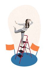 Exclusive magazine picture sketch collage image of excited lady walking up ladder isolated creative...