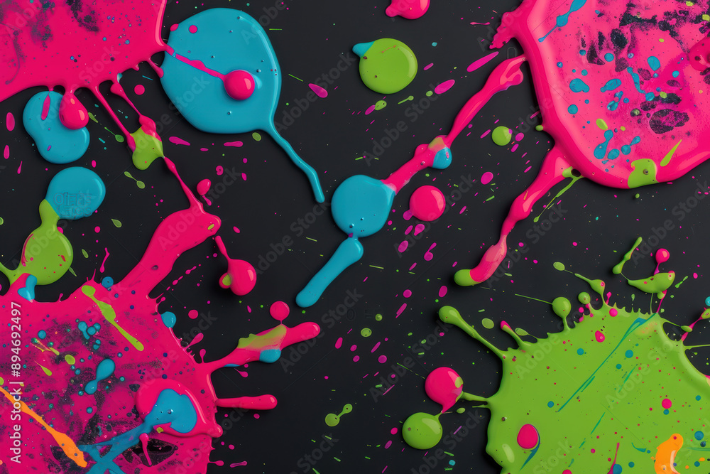 Poster vibrant abstract background with splashes of colorful neon paint on a dark surface, creating a dynam