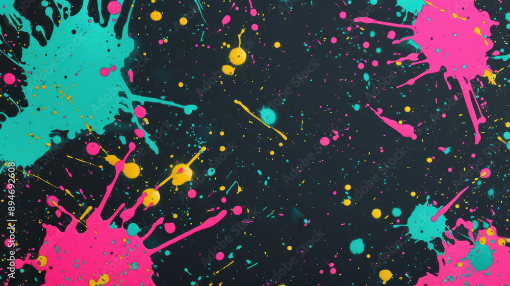 Poster bright neon paint splatters on a dark background creating a vibrant and artistic abstract pattern, p
