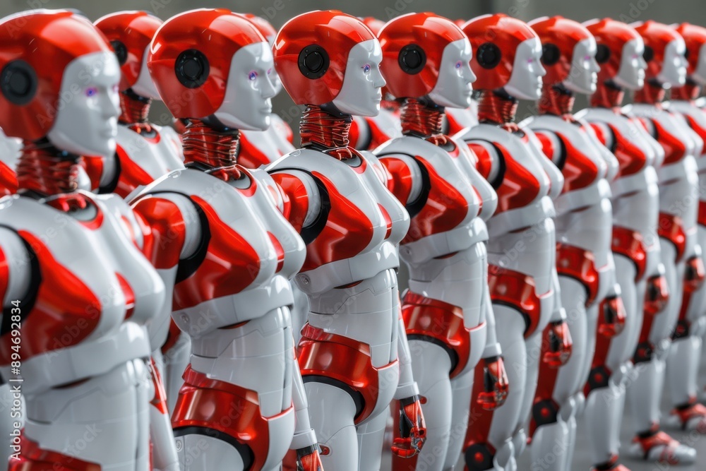 Poster a row of identical humanoid robots with red and white color schemes, standing in perfect alignment, 