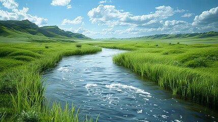Fototapeta premium Tranquil green river valleys with flowing streams, peaceful landscapes, water and nature