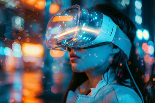 A futuristic rendering depicting a person using virtual reality technology with vibrant lighting.