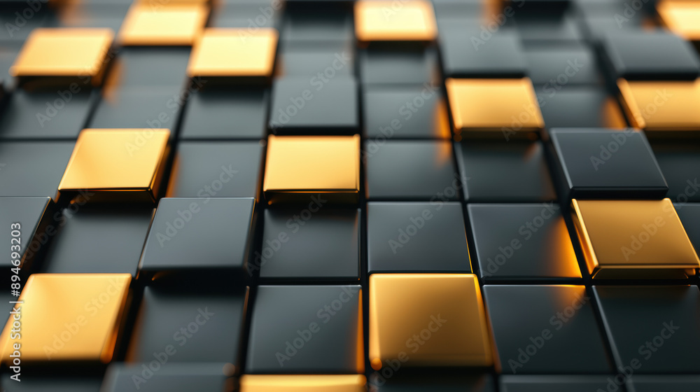 Poster close-up of black and gold glossy cubes arranged in a grid pattern creating a modern, futuristic abs