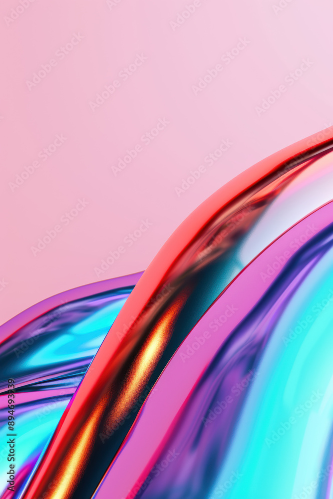 Poster vibrant abstract background with metallic colorful curves and glossy reflections on a pink gradient 