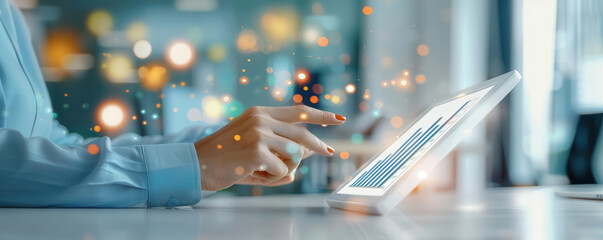 Close-up of a financial advisor explaining investment analysis data on a tablet, sleek office, intense focus, photo-realistic, high detail, vibrant colors, dynamic angle