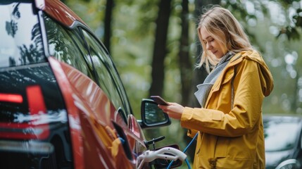 Obraz premium Modern Woman Charging Electric Car with Smartphone - Technology Integration Concept