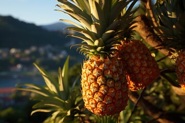 Brazilian tropical pineapple fruit on the tree, generative IA