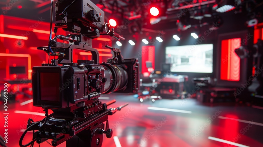 Aufkleber A black camera on a tripod is set up in a red-lit television studio. The camera is pointed towards the back of the set, which has a large screen and red lighting.